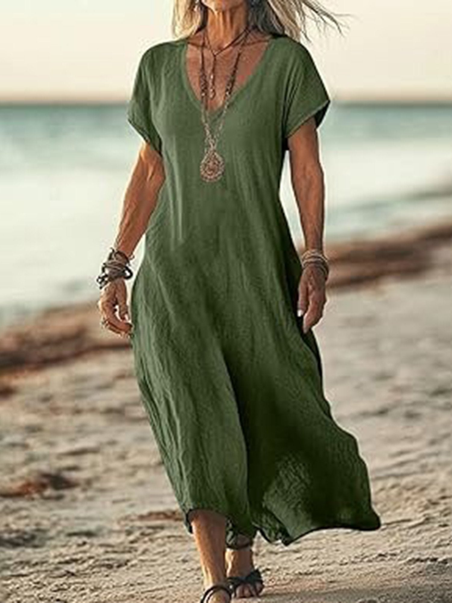 Casual Plain V Neck Midi Dress