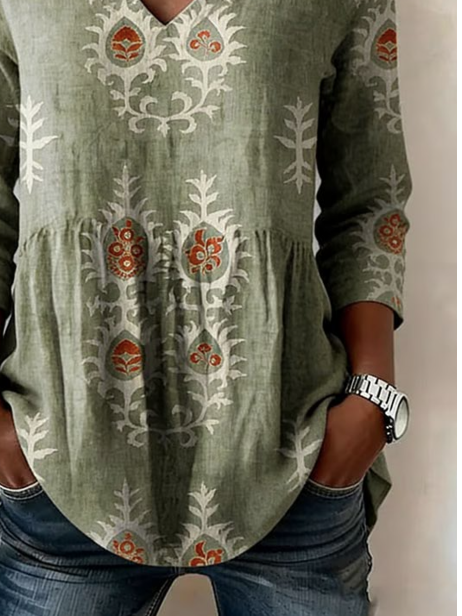 Women's V-Neck Long-Sleeve Printed Shirt with Pockets