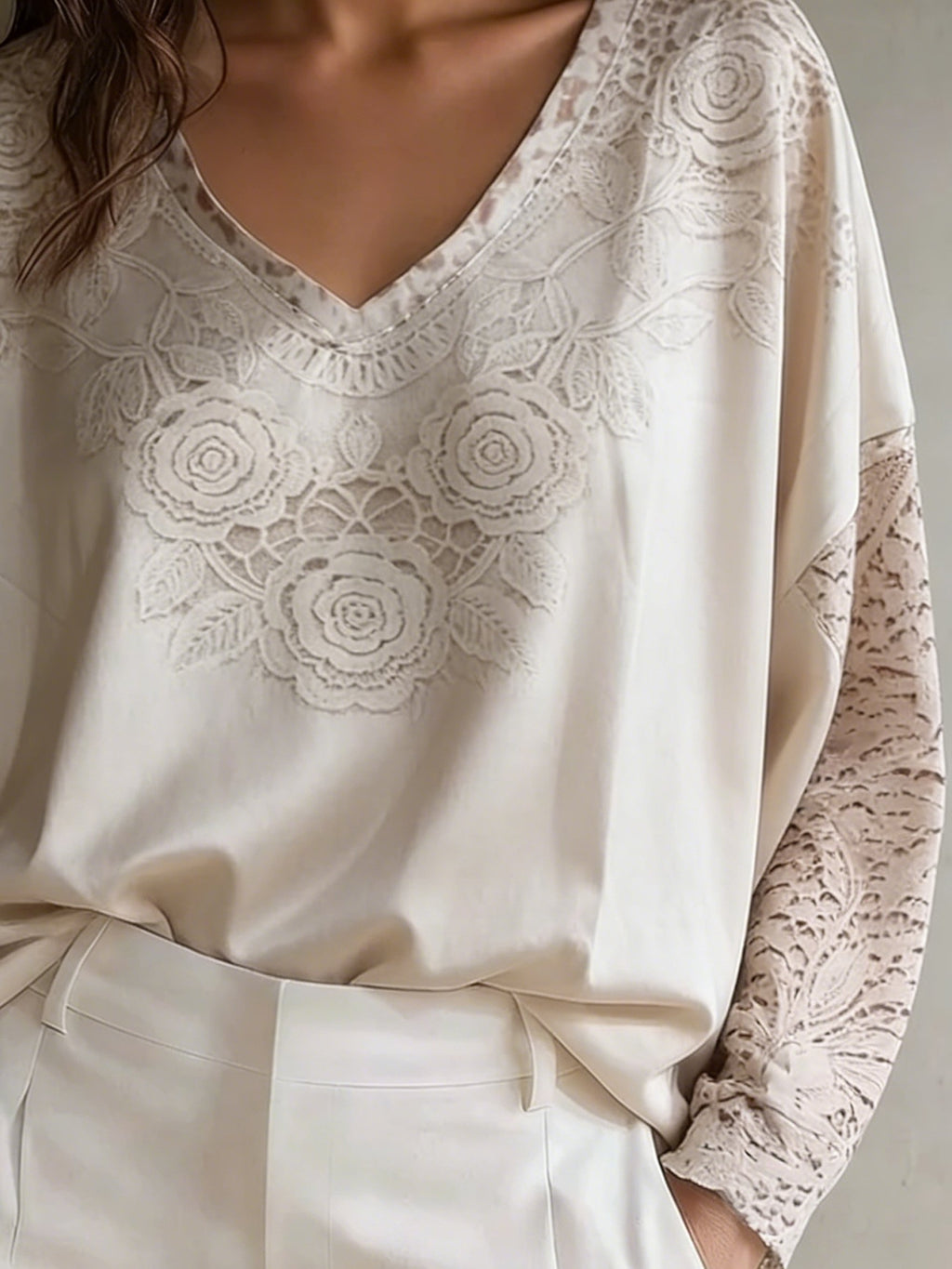 Lace Block Casual Plain V Neck Going Out Boho Top