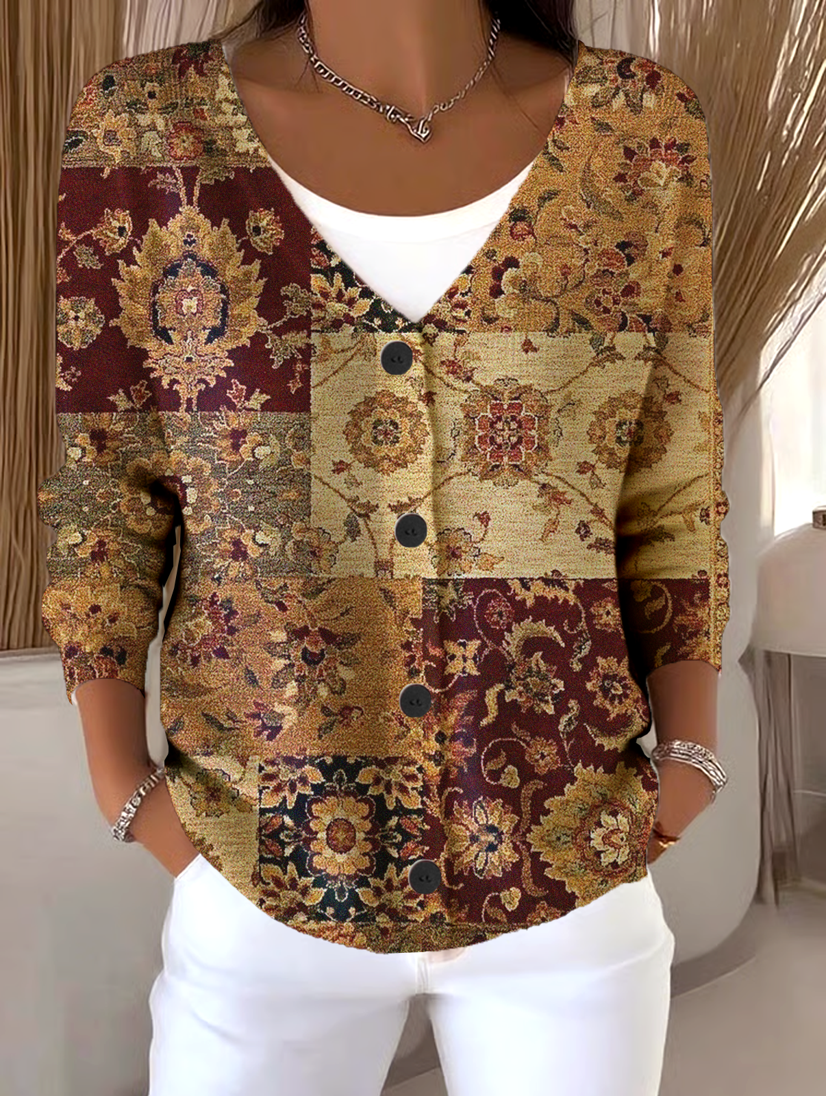 Casual V Neck Loose Geometric Cardigan