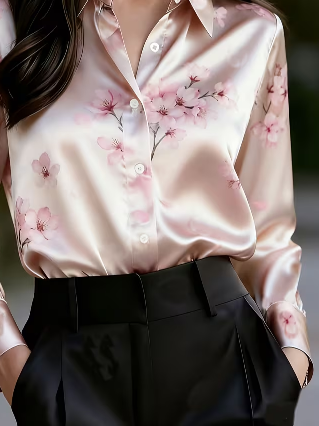 Women's Long Sleeve Shirt Spring/Fall Pink Floral Shawl Collar Daily Going Out Casual Top