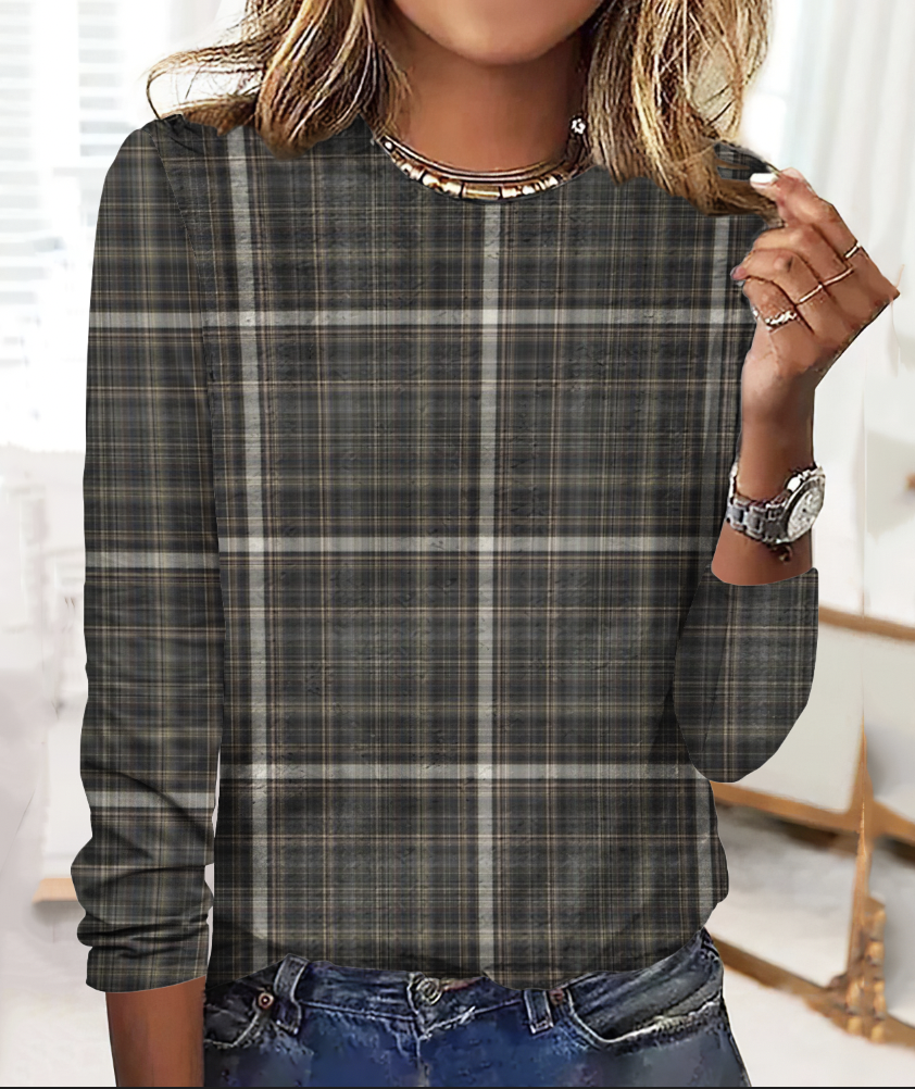 Retro plaid casual long sleeved T-shirt