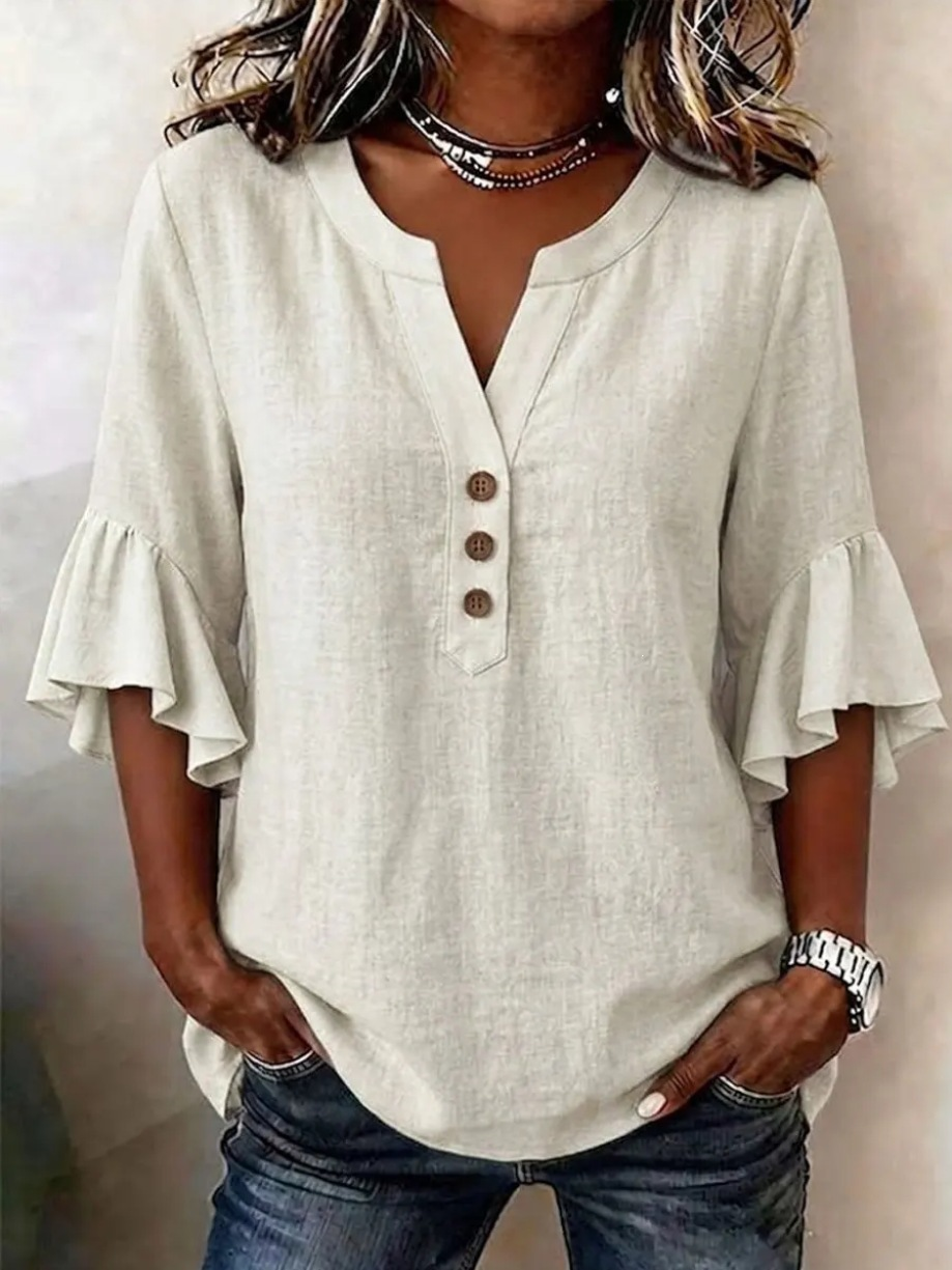 Cotton And Linen The Quarter Sleeve Ruffle V Neck Casual Blouse