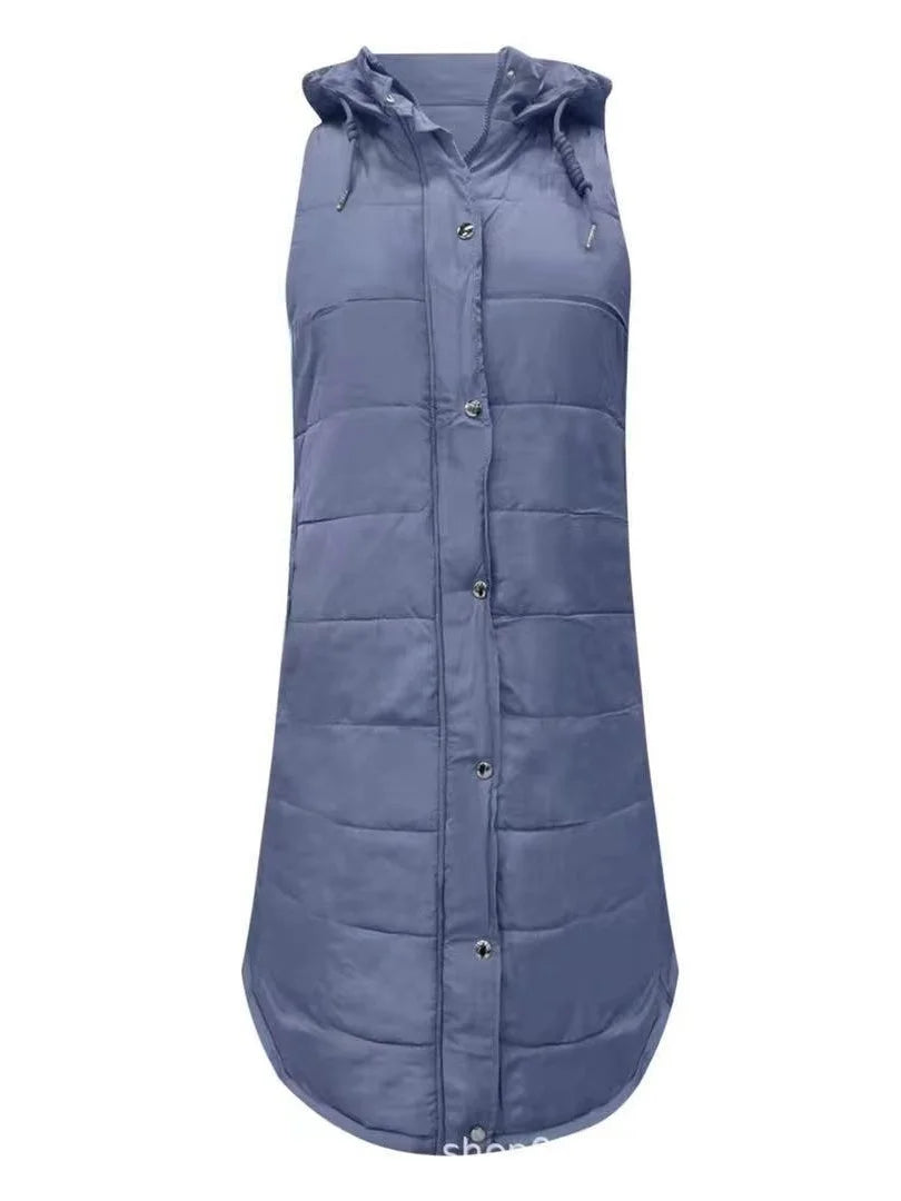 Zipper Plain Elegant Cotton Coat Solid Color Hooded Single-breasted Mid-length Cotton Vest Slim Fit Temperament Cardigan Jacket Top
