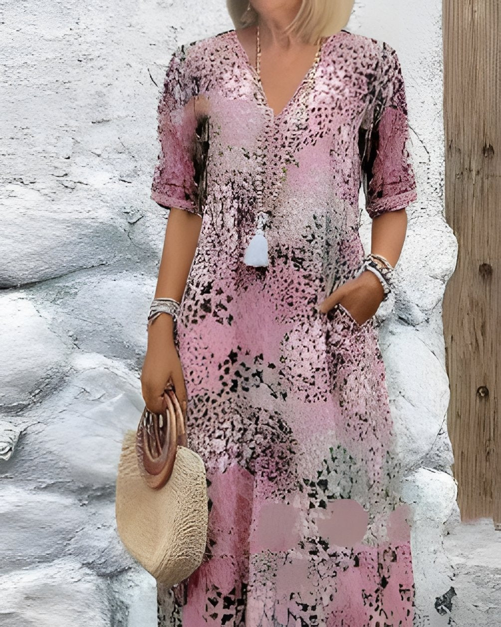 Women's Short Sleeve Summer Khaki Floral Split Joint V Neck Daily Going Out Vintage Maxi A-Line T-Shirt Dress Dress