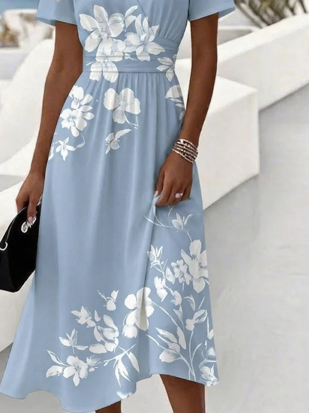 V Neck Floral Elegant Dress With No