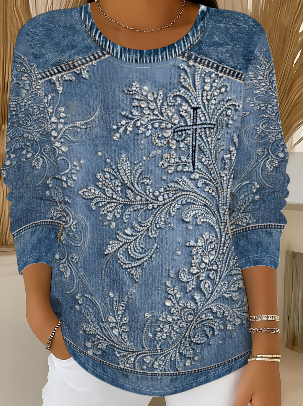 Faux Denim Print Graphic Loose Casual T-Shirt