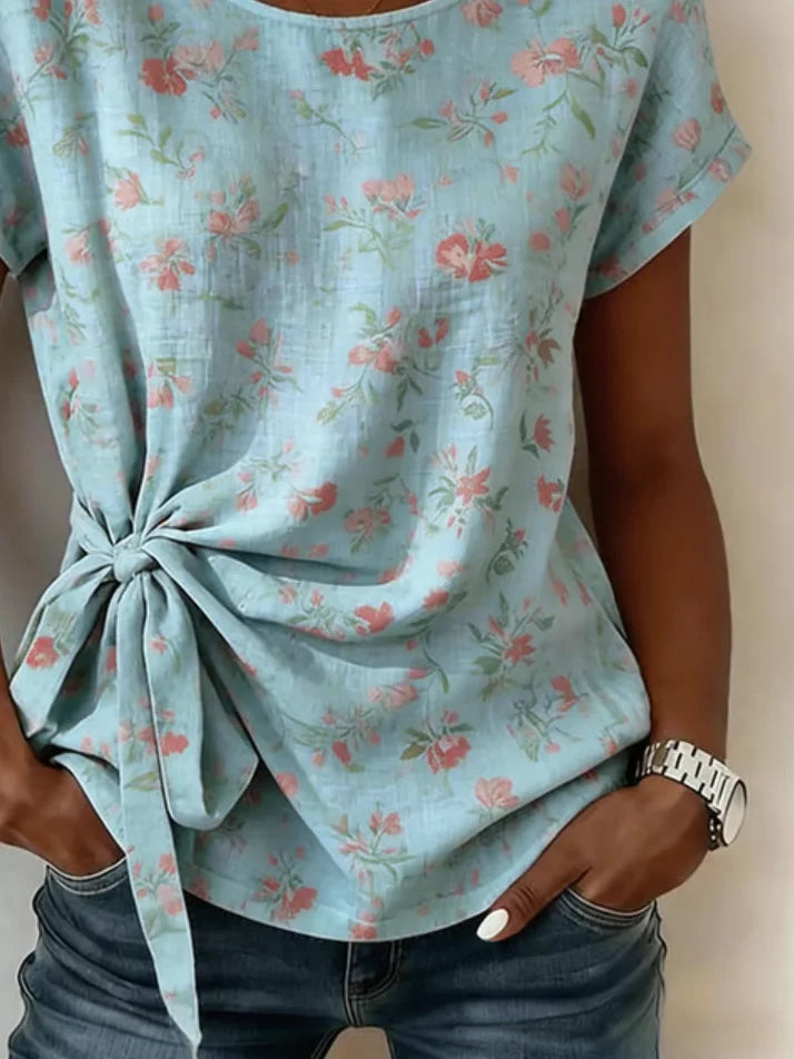 Elegant Botanical Pattern Crew Neck Loose Shirt