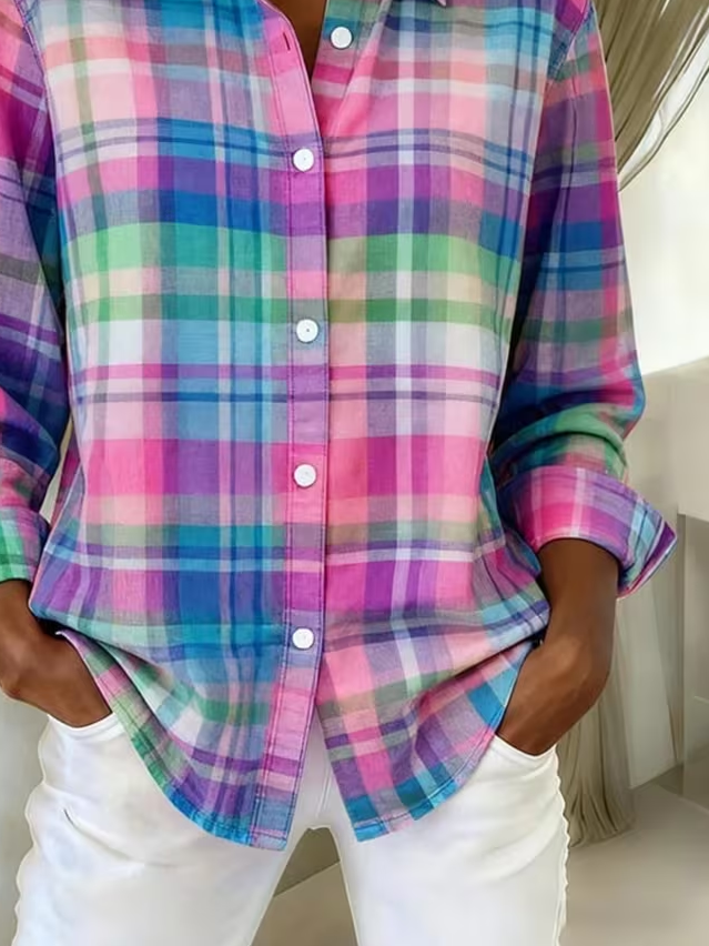 Women's Long Sleeve Shirt Spring/Fall As Picture Plaid Buckle Shirt Collar Regular Sleeve Daily Going Out Casual Top