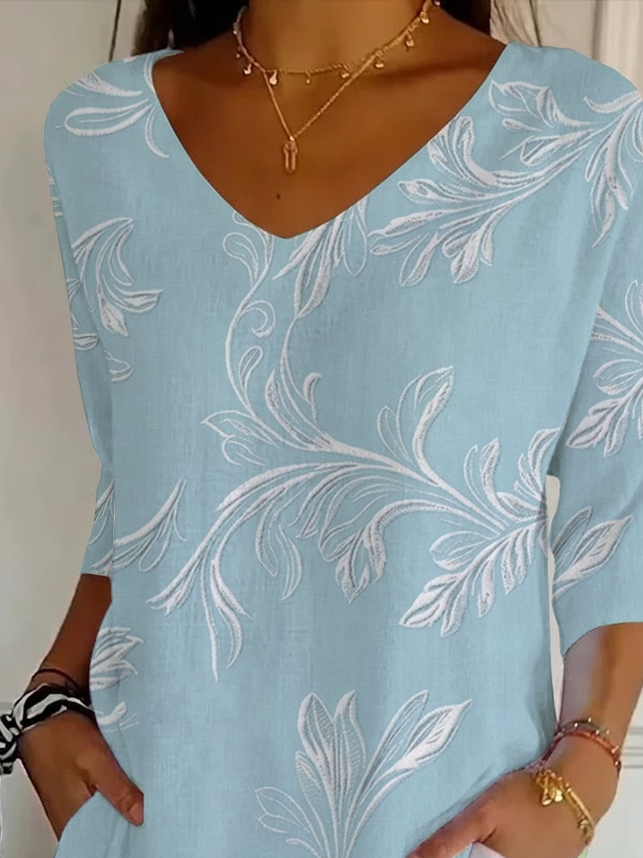 Women's Three Quarter Sleeve T-shirt Spring/Fall Blue Floral Printing V Neck Daily Going Out Casual Top