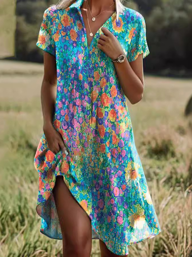 Vintage Floral V Neck Short Sleeve Midi Dress Casual Loose Flowy Shirt Dress