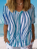 Abstract Print Short Sleeve V-Neck Blouses