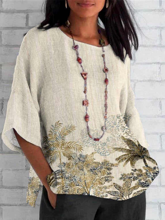 Regular Fit Casual Linen Floral T-Shirt