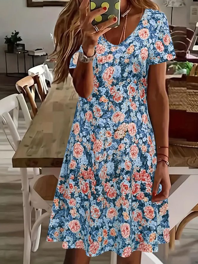 Women's Floral Print Casual V-Neck Short Sleeve Dress