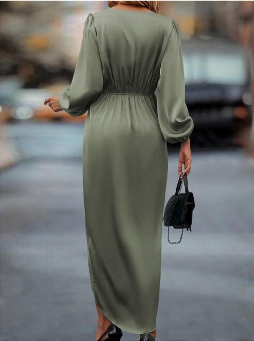 Stain Plain V Neck Long Sleeve Elegant Irregular Maxi Dress