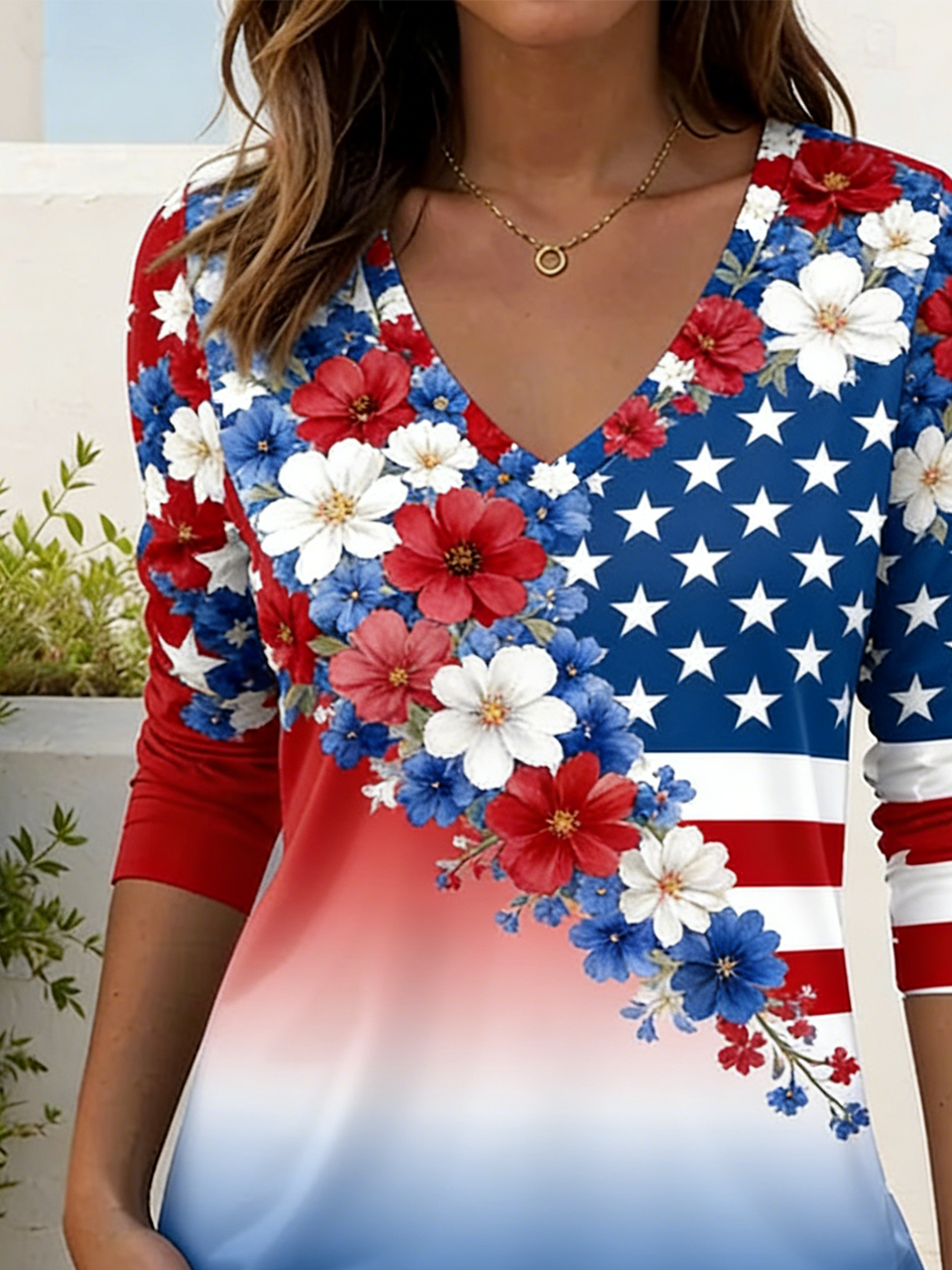 Loose Independence Day V Neck Elegant T-Shirt