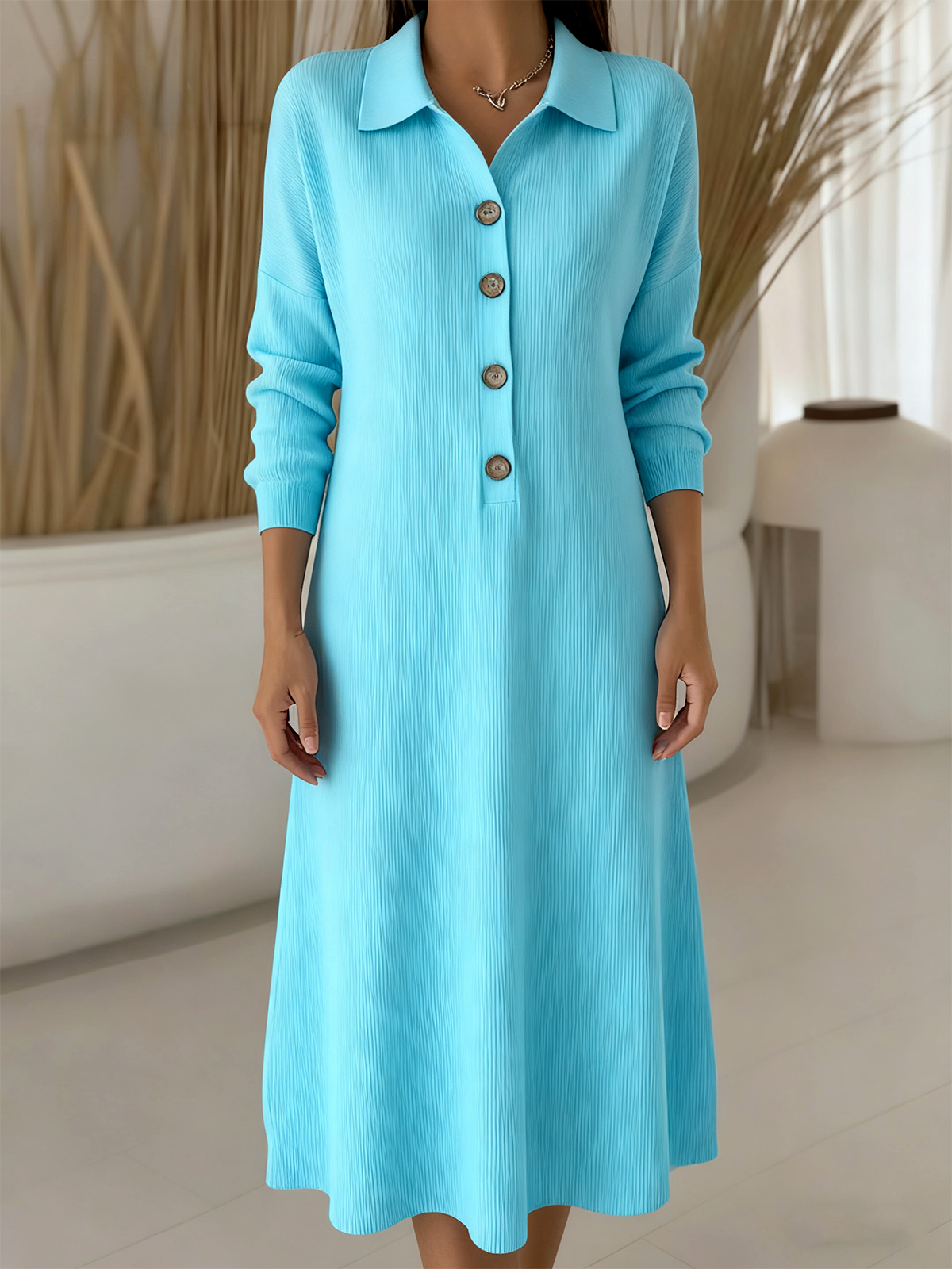 Shawl Collar Casual Plain Loose Sweater Dress With No