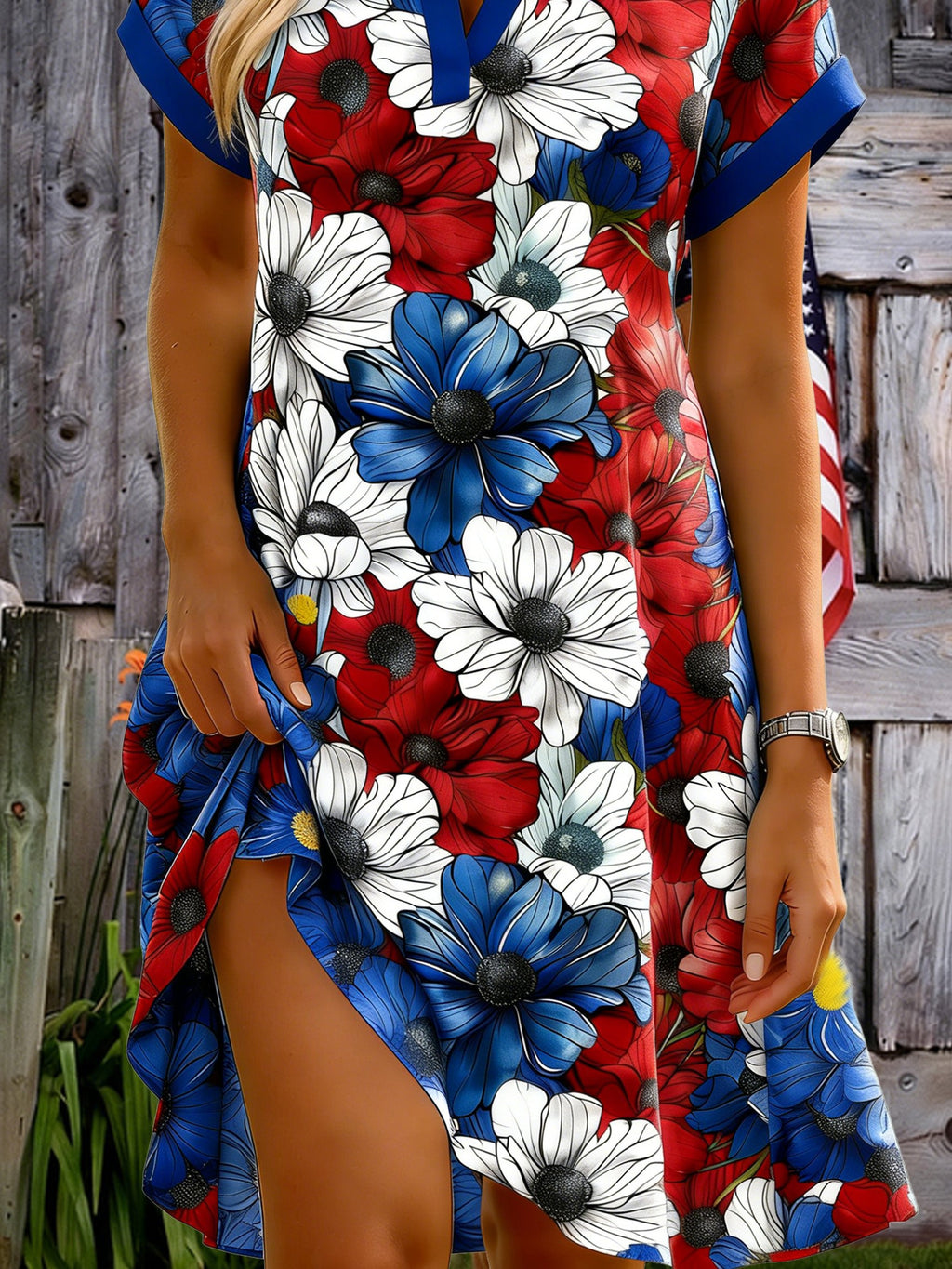 3D Printing Floral Pattern Short Sleeve V Nek 250th Anniversary Summer Casual Shirt Dress
