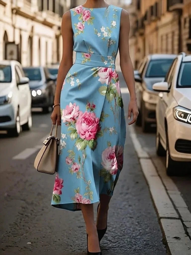 Pink Floral Sleeveless Midi Dress A-Line Wedding Guest Cocktail Dress