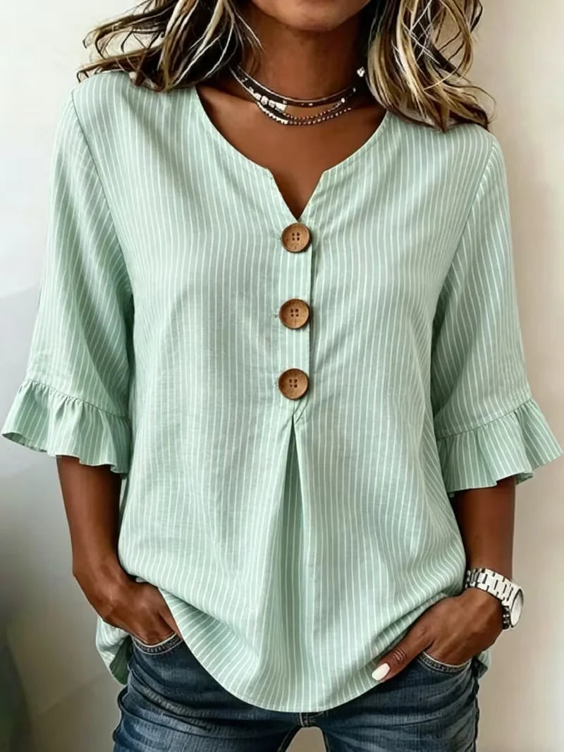 Women's Half Sleeve Blouse Summer Green Striped Printing V Neck Daily Going Out Vintage Top