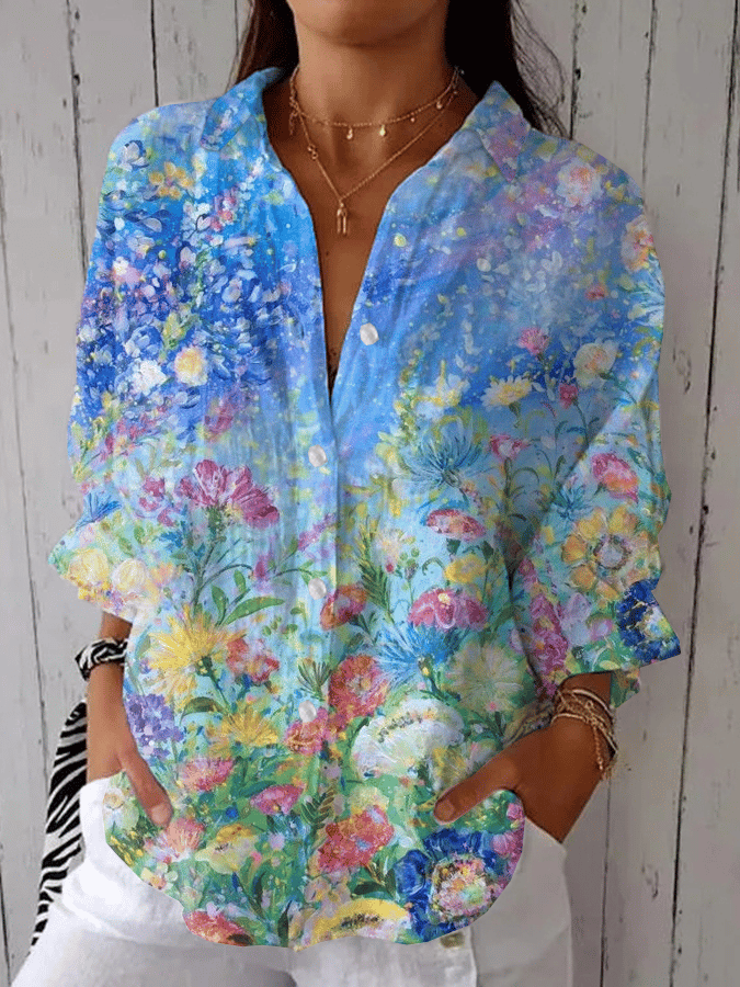 Casual Floral Shirt Collar Loose Shirt