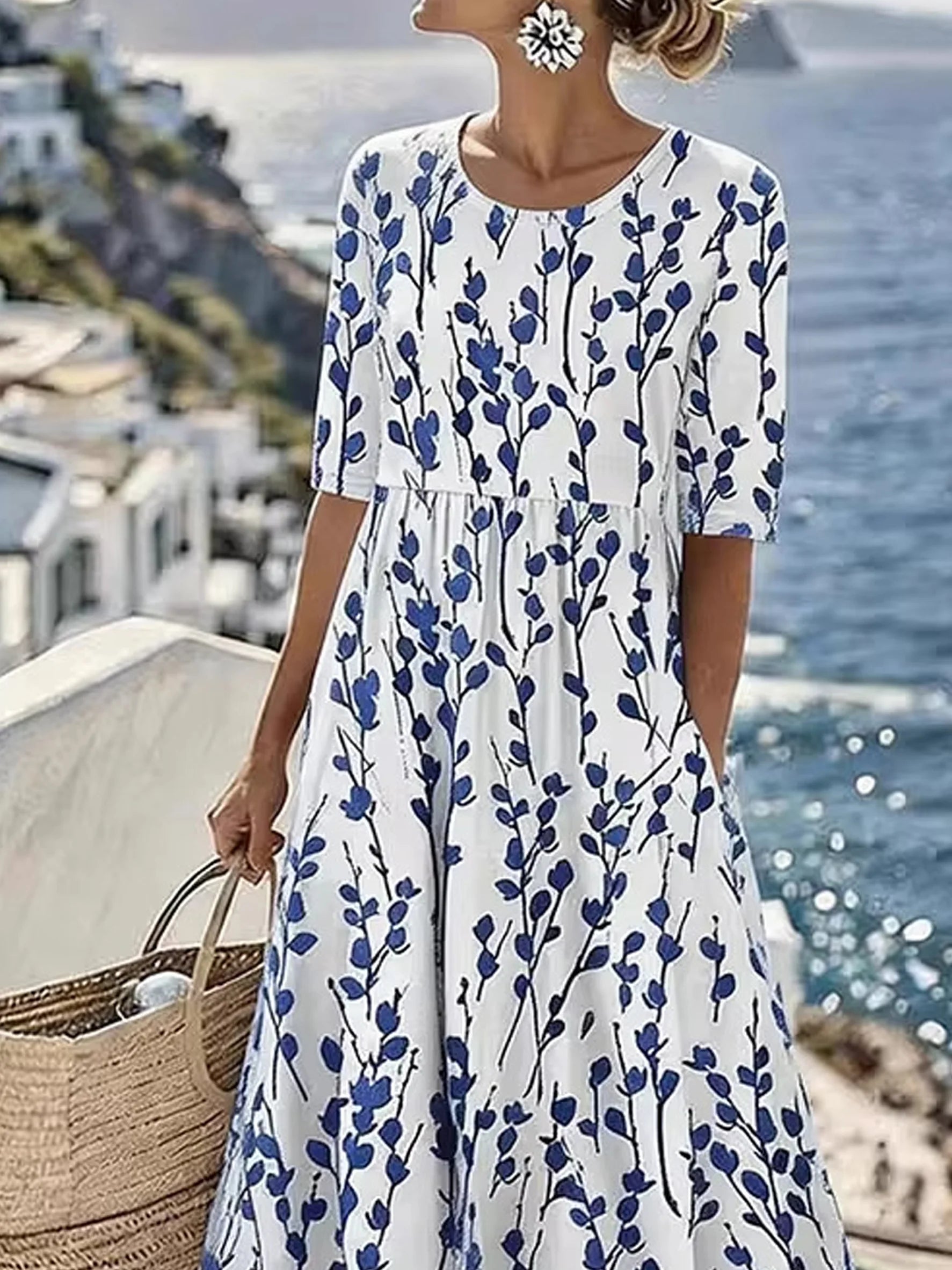 Vintage Floral Round Neck Short Sleeve Casual Dress