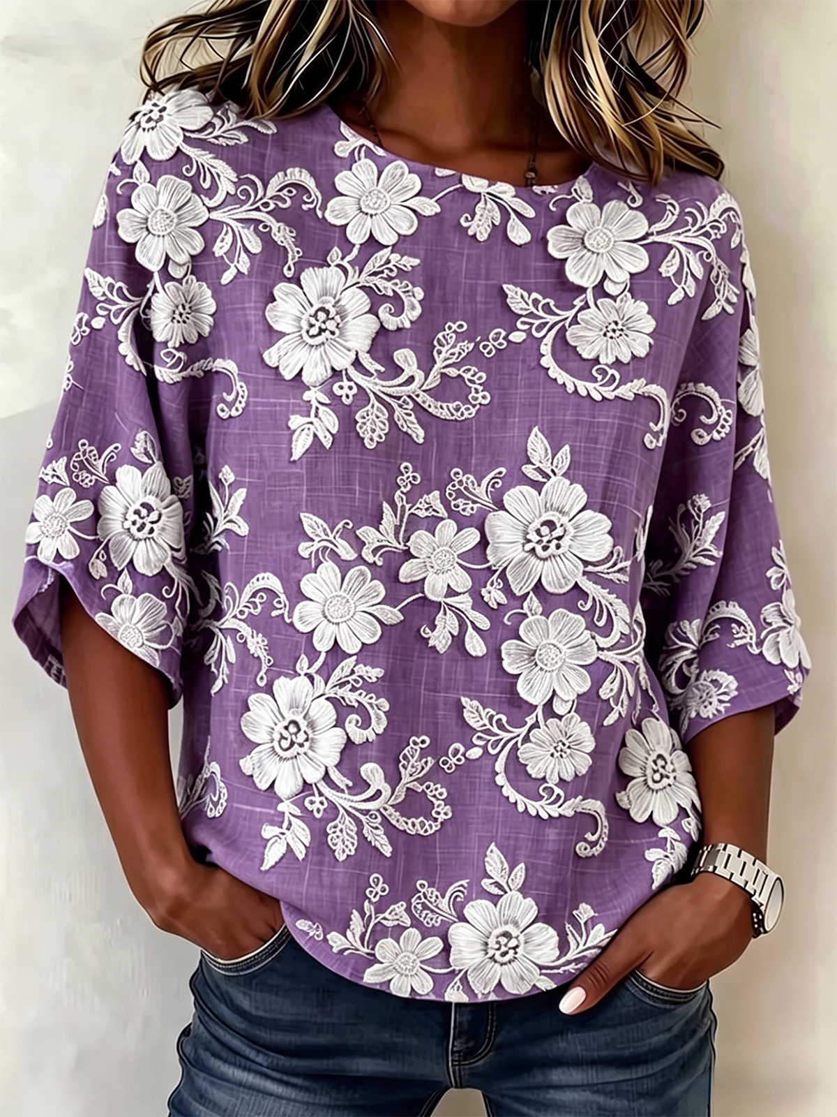 Light Brown 3D Flower Print Round Neck 3/4 Sleeve Blouse
