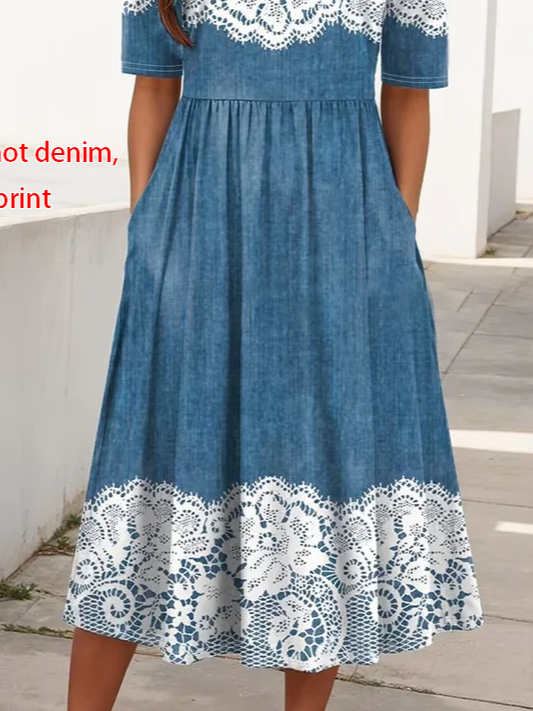 Women's Short Sleeve Summer Blue Faux Denim Print Graphic Printing Crew Neck Daily Going Out Casual Maxi H-Line Shift Dress Dress