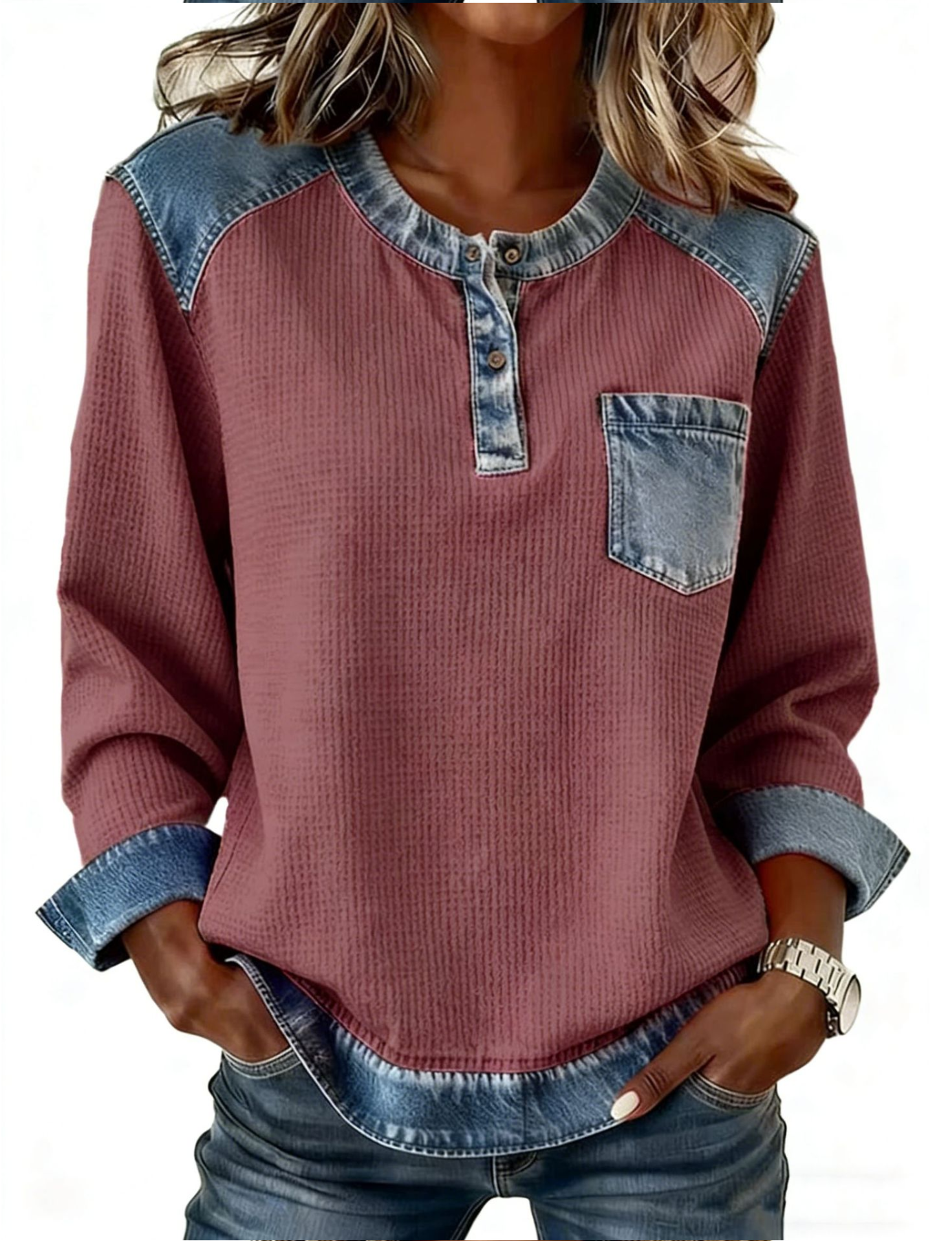 Denim Color Block Crew Neck Half Placket Long Sleeve Patch Pocket Casual Blouse