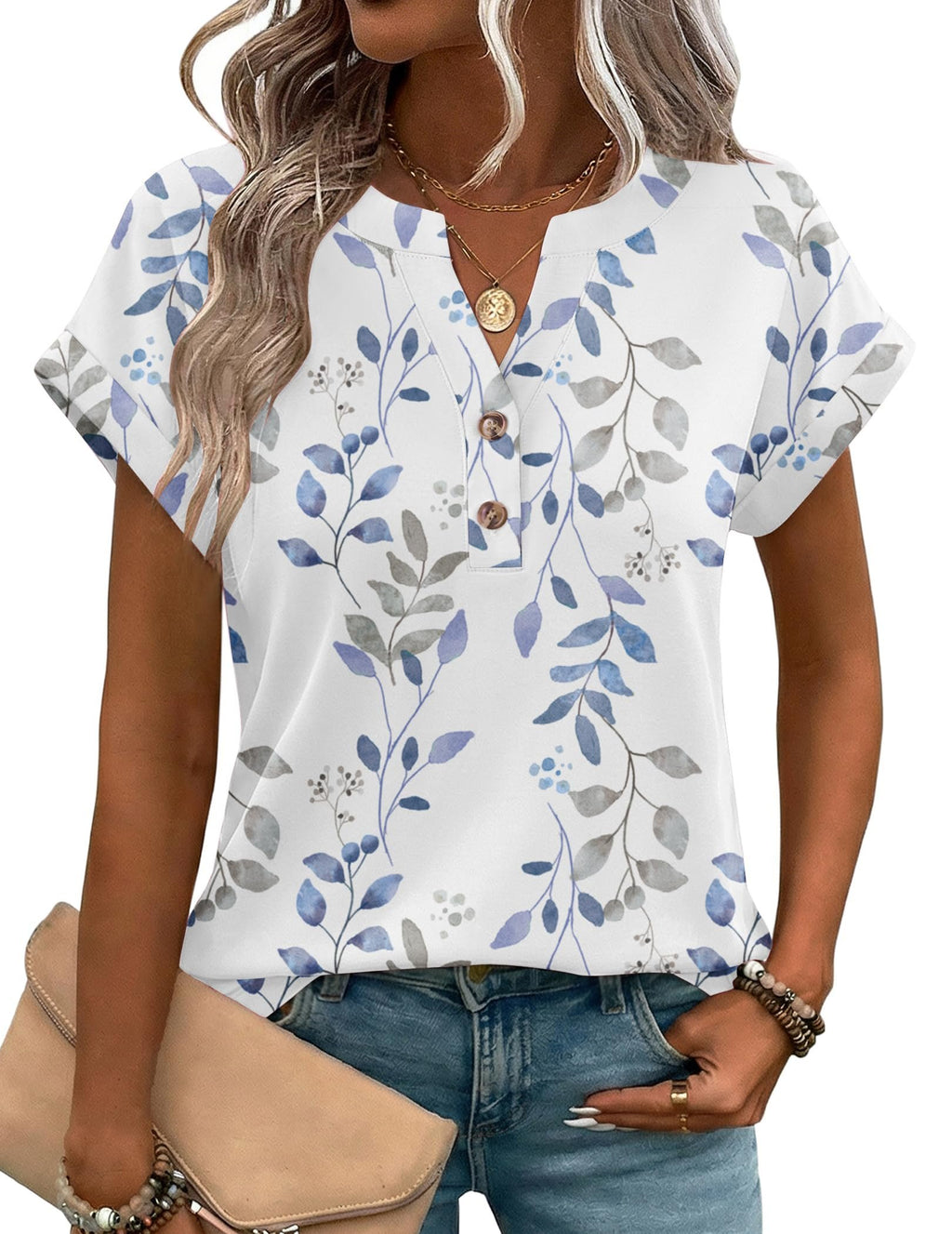Botanical Pattern Elegant Cotton V Neck T-Shirt