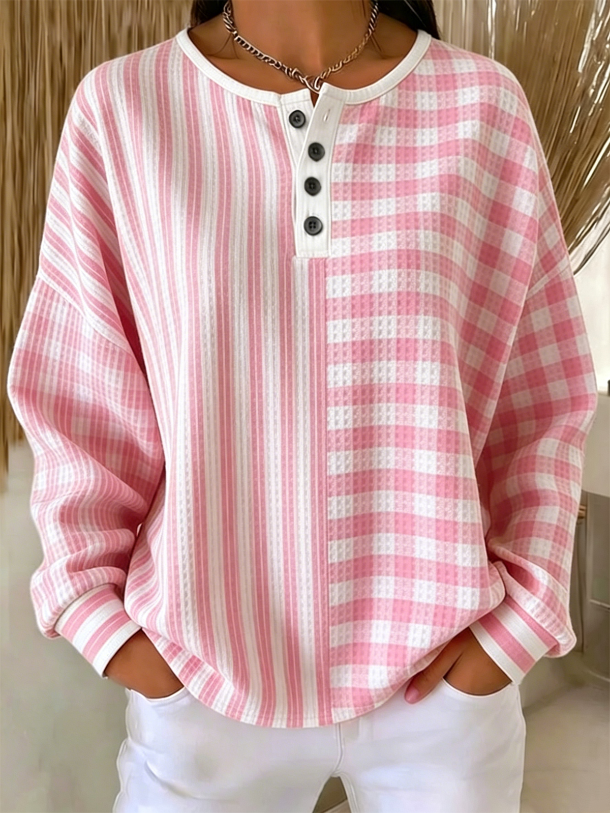 Waffle Textured Plaid & Stripe Color Block Henley Sweatshirt