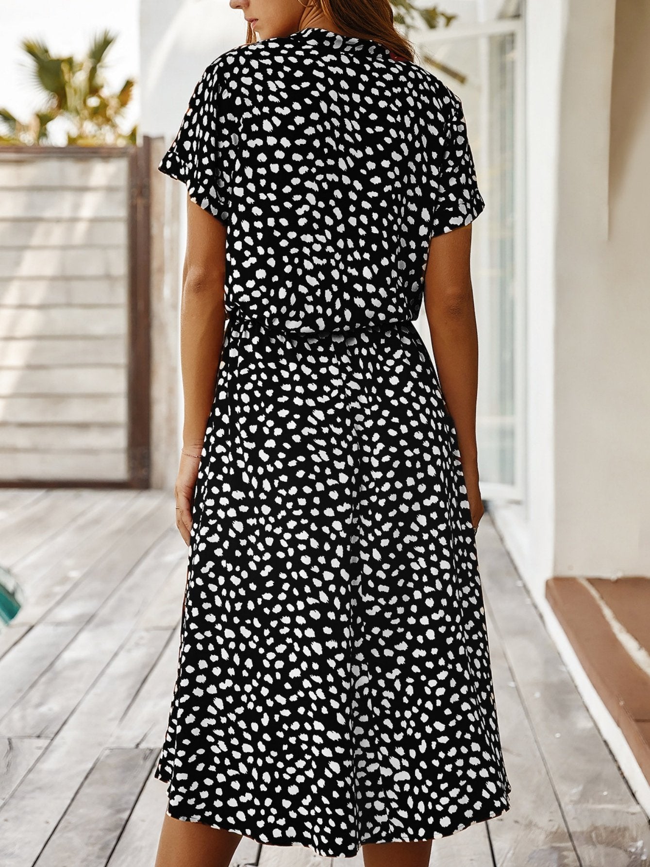 Women's Short Sleeve Summer Blue Polka Dots Split Joint V Neck Daily Going Out Vintage Maxi A-Line T-Shirt Dress Dress