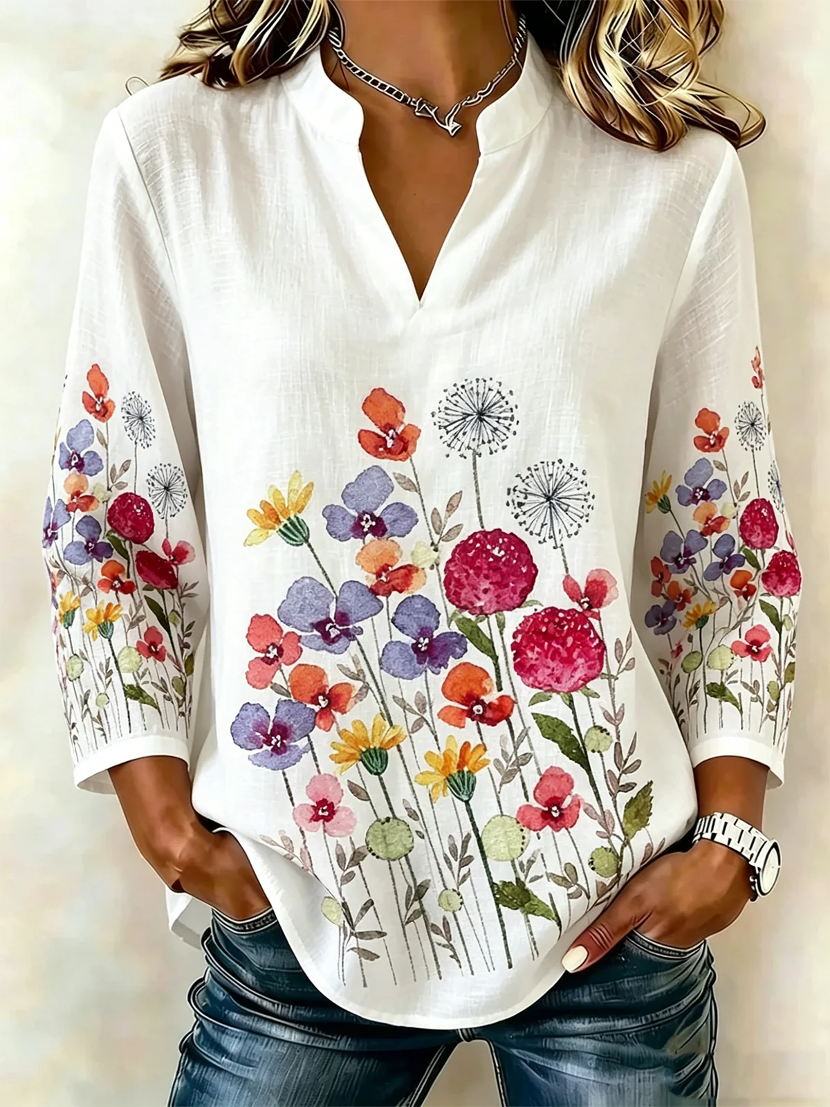 Women's Long-Sleeve Cotton-Linen Blouse with Botanical Floral Print