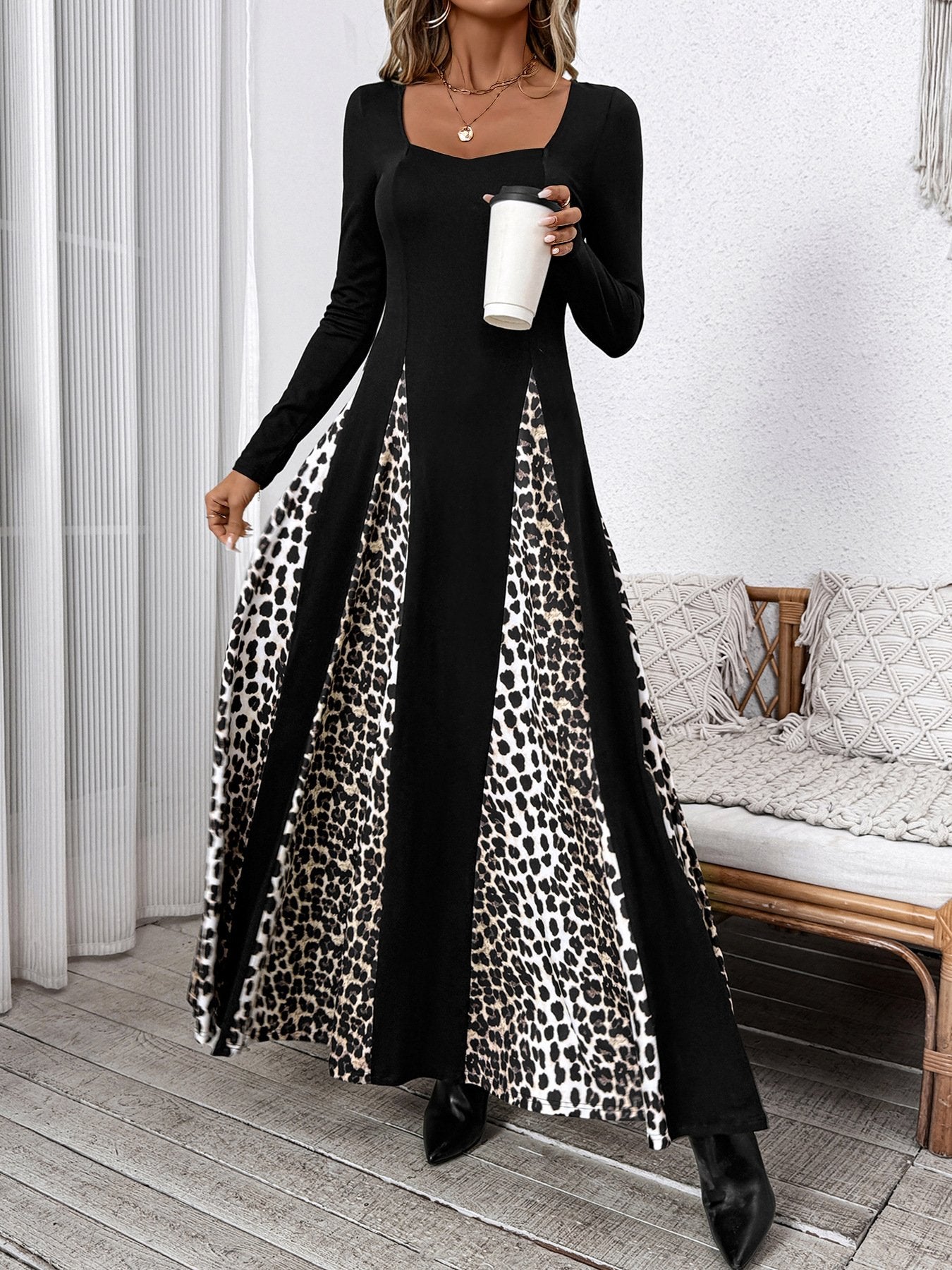 Vintage Regular Fit Others Leopard Dress With No