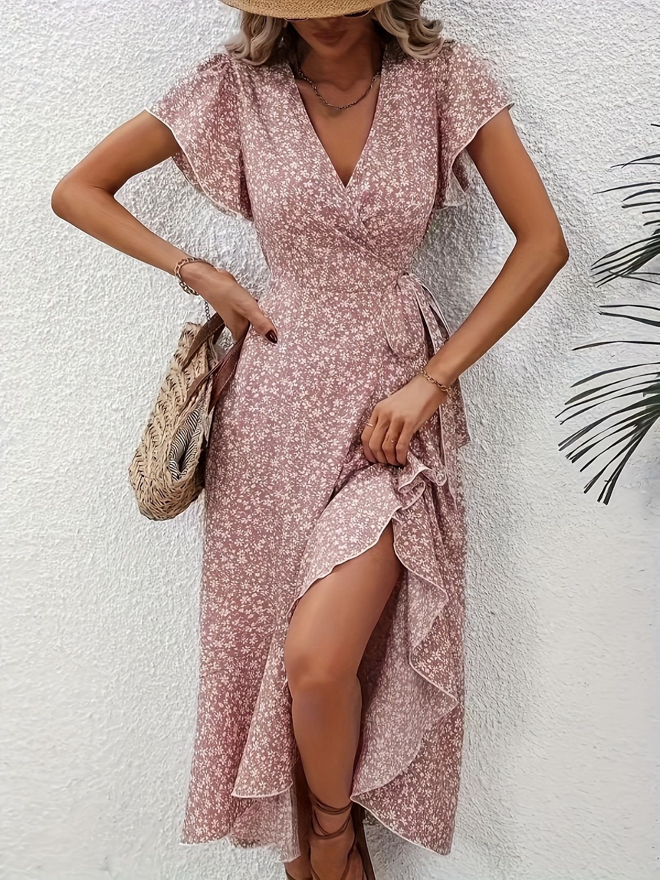 V Neck Ditsy Floral Regular Fit Elegant Dress With No