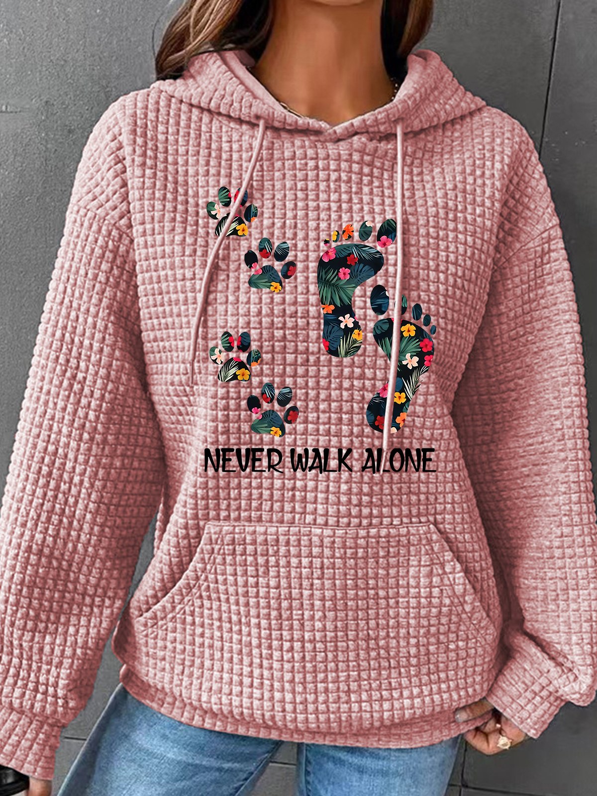 Never Walk Alone Paw Dog Flower Simple Loose Hoodie