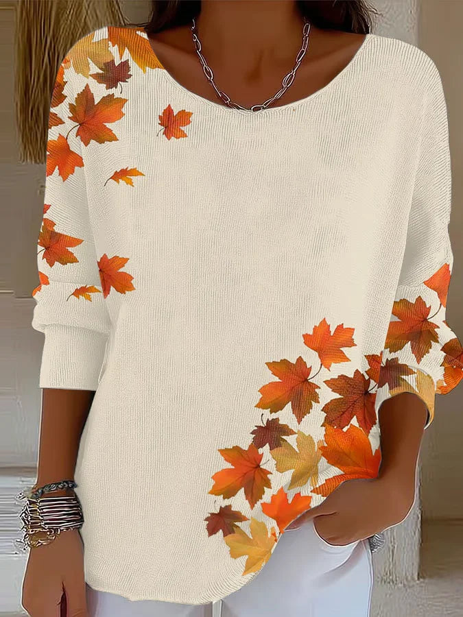 Casual Printing Crew Neck Maple Leaf Sweater