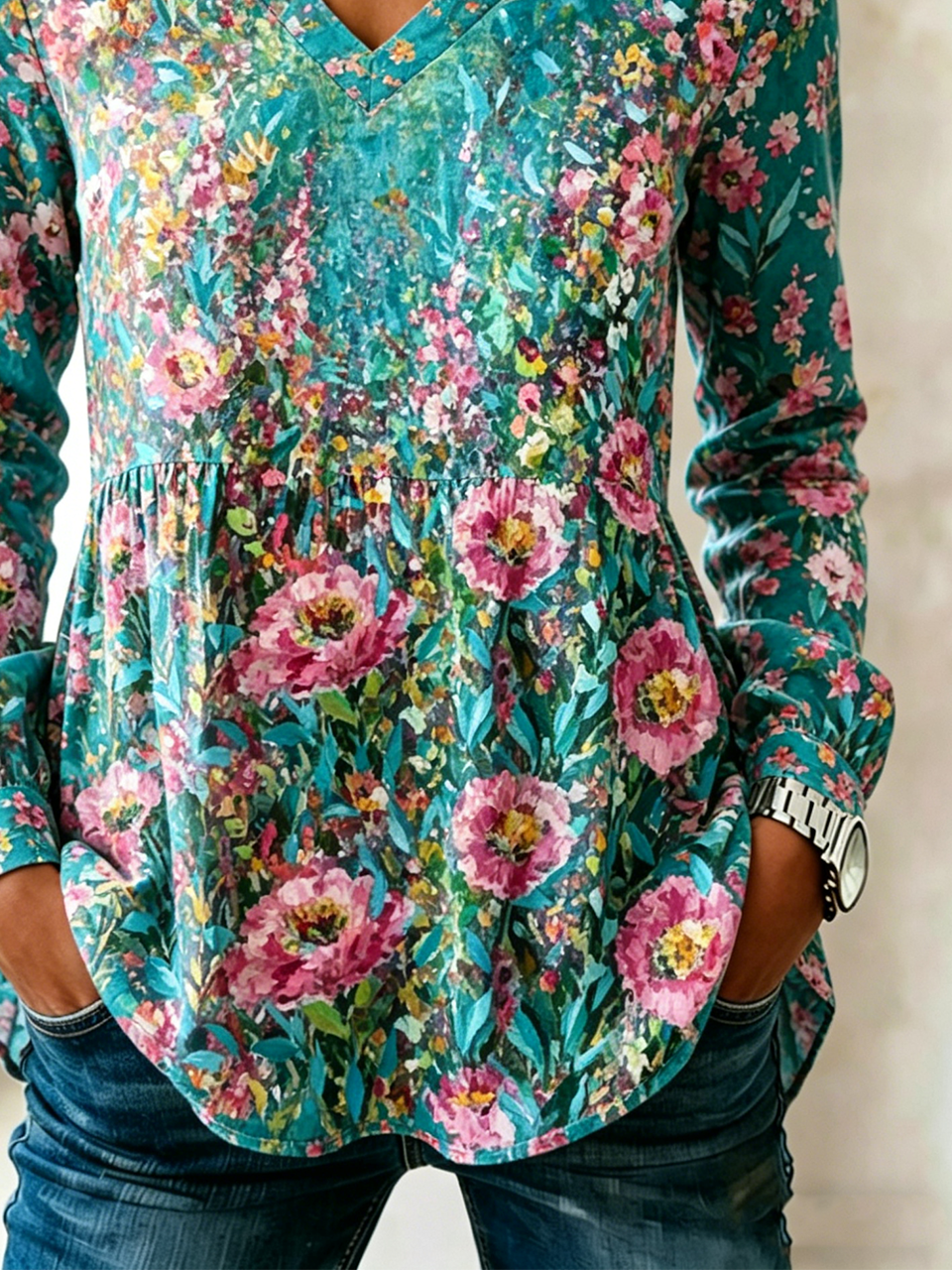 Floral V Neck Vintage Loose Shirt