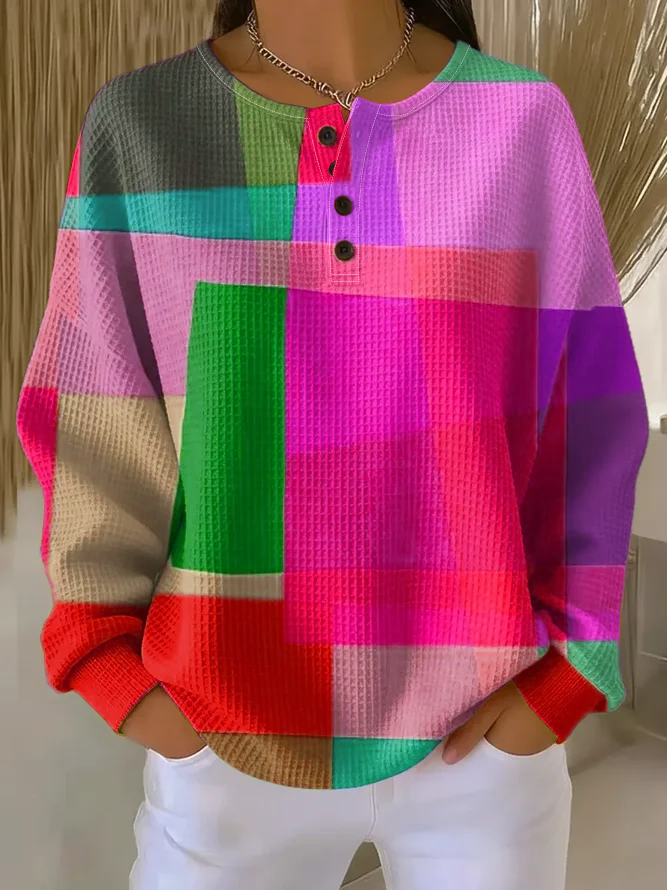 Women's Abstract Print Button-Up Casual Waffle Knit Sweatshirt