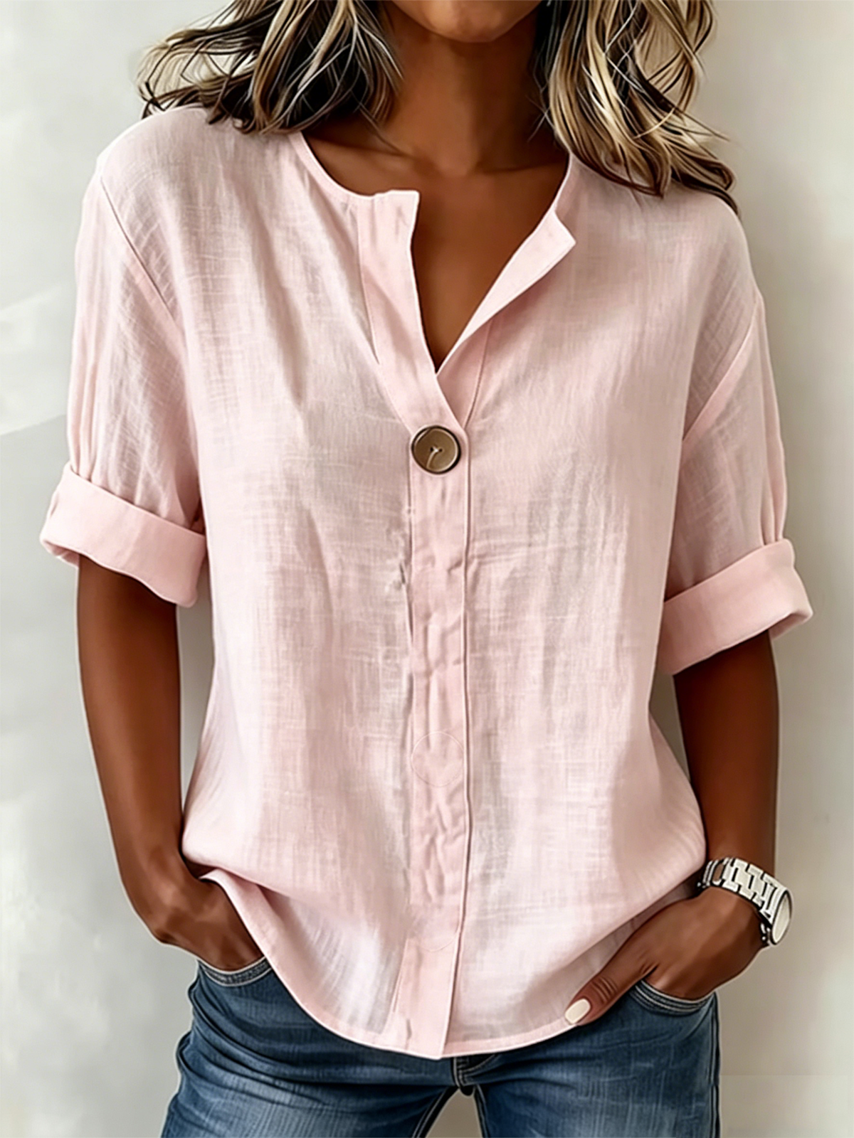 Solid White Henley Neck Button Front Short Sleeve Blouse