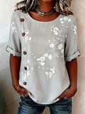 Floral Linen Blend Elegant Crew Neck Shirt