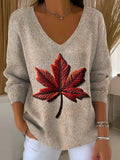 Women's Long Sleeve T-shirt Spring/Fall Oatmeal Maple Leaf Printing V Neck Daily Going Out Casual Top
