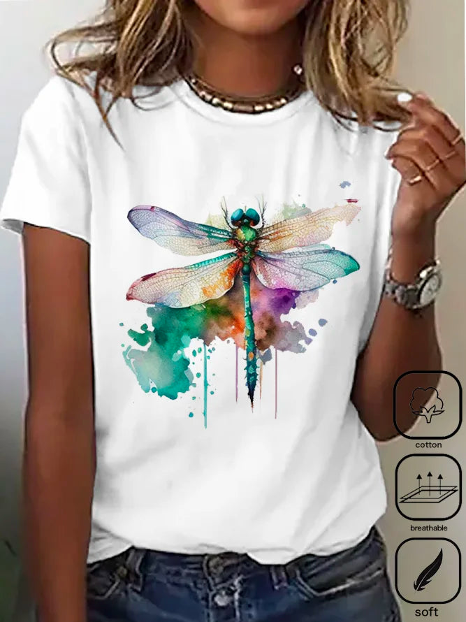 Casual Crew Neck Cotton Dragonfly T-Shirt