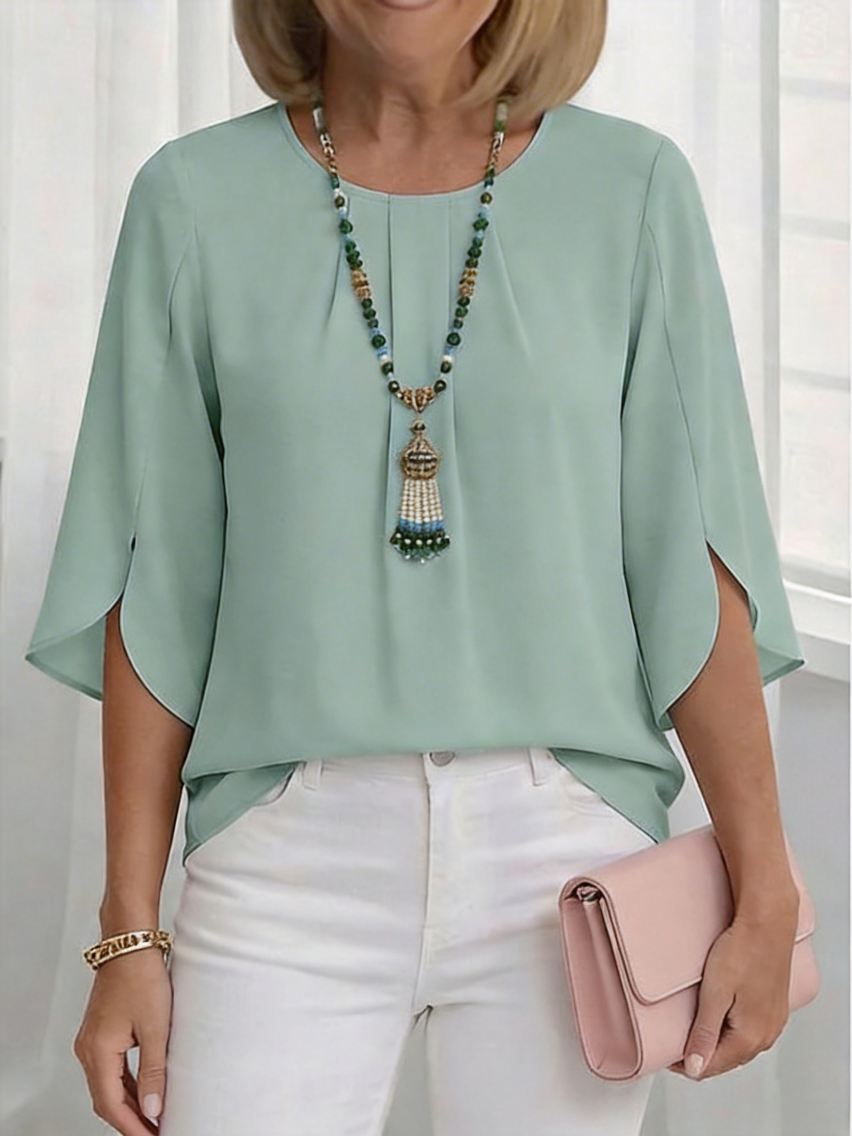 Solid Round Neck Ruffle Sleeve Loose Fit T-Shirt