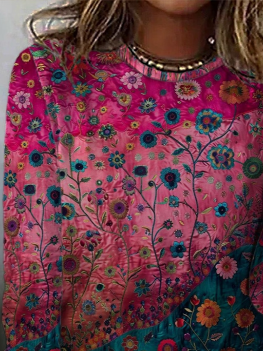 Women's Long Sleeve T-shirt Spring/Fall Purple Floral Printing Jersey Crew Neck Daily Going Out Casual Top
