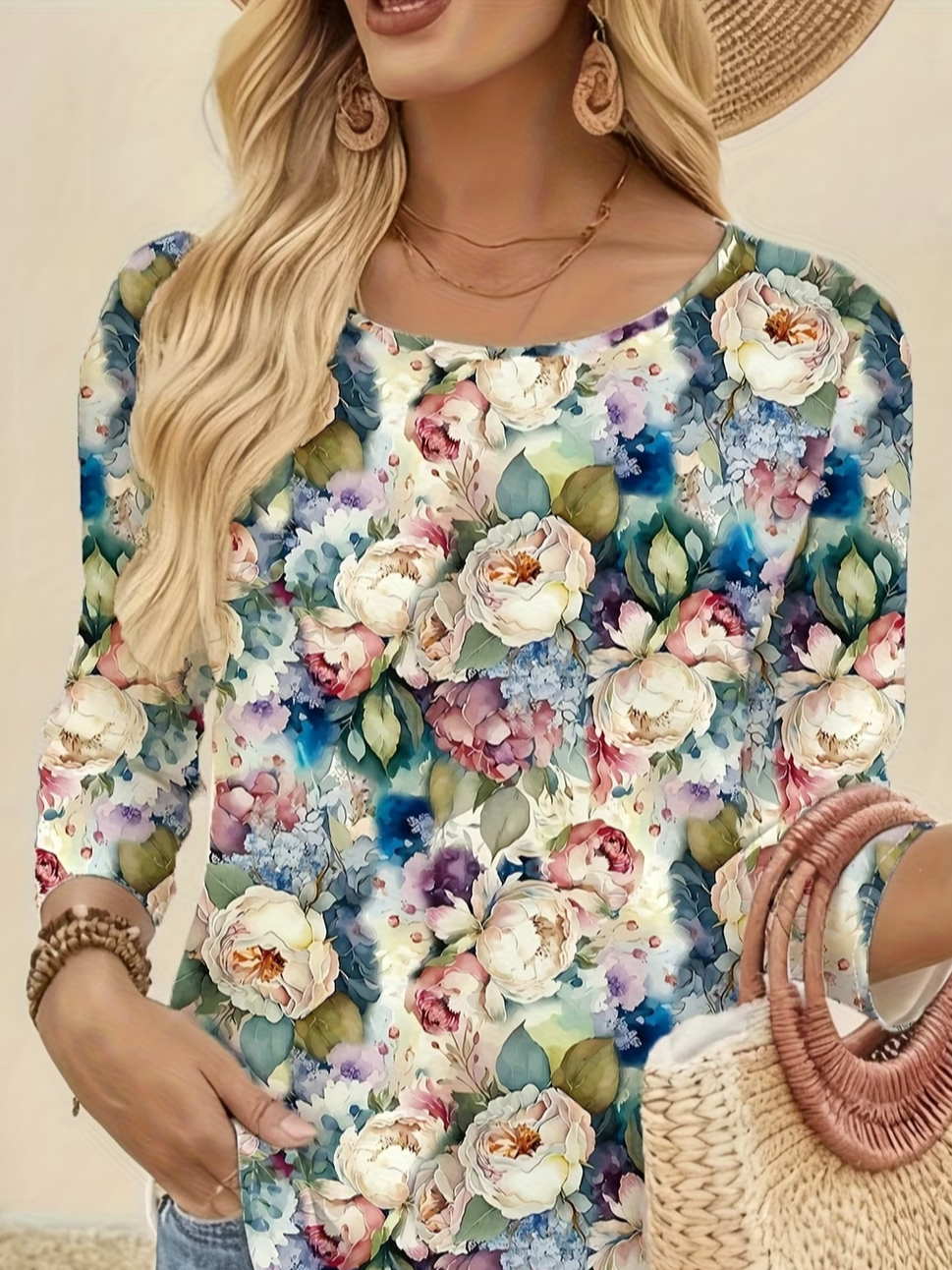Women's Long Sleeve T-shirt Spring/Fall As Picture Floral Printing Jersey Crew Neck Daily Going Out Casual Top