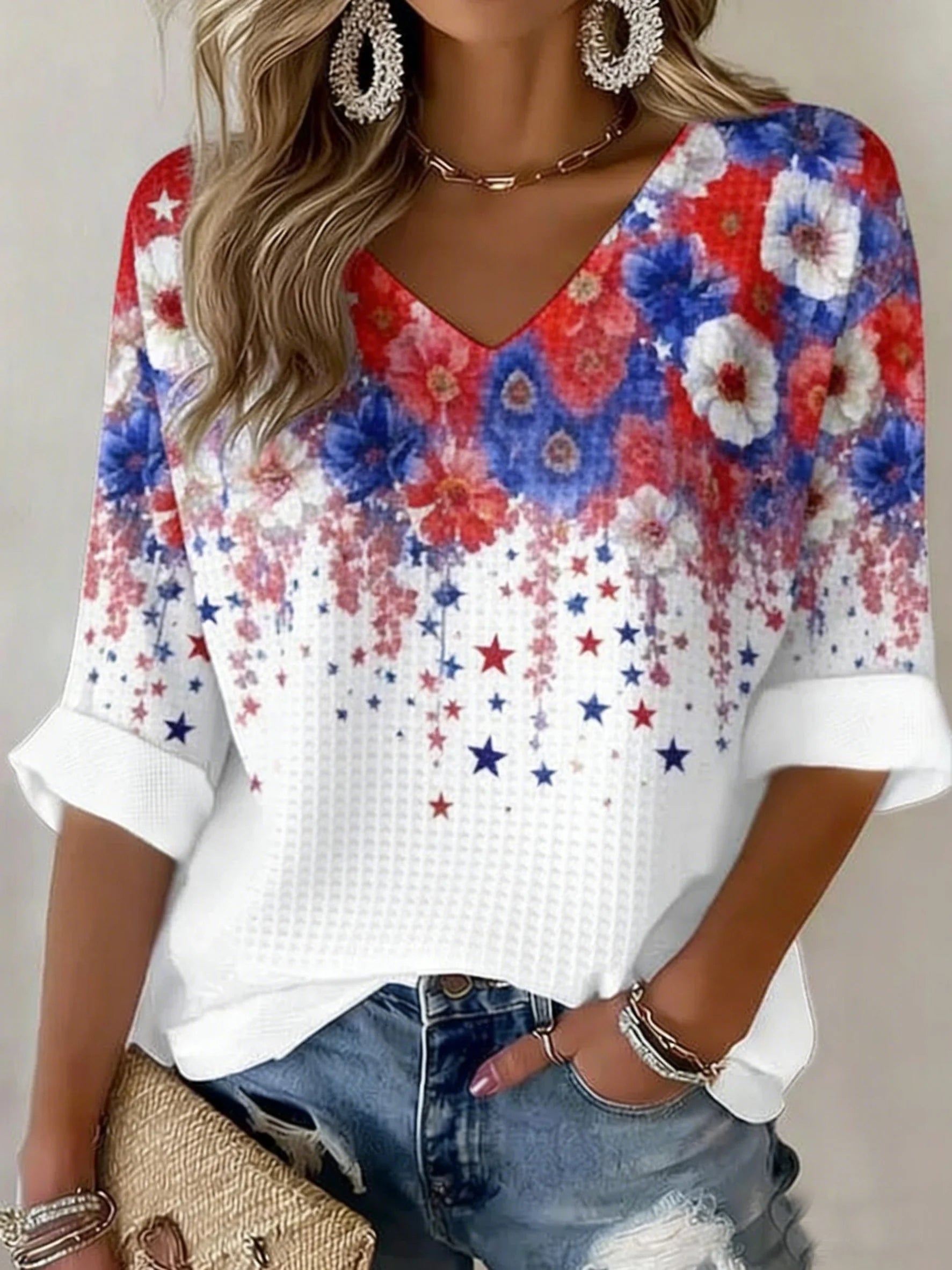 3D Printing V Neck America Flag Floral 250th Anniversary Spring Summer Casual T-Shirt