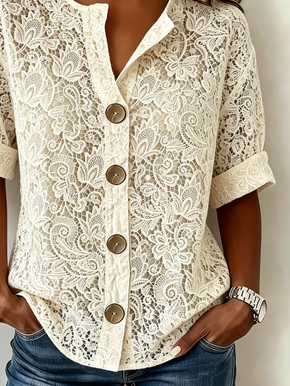 Women's Cream Lace Print Blouse Short Sleeve Button Down V Neck Casual Top