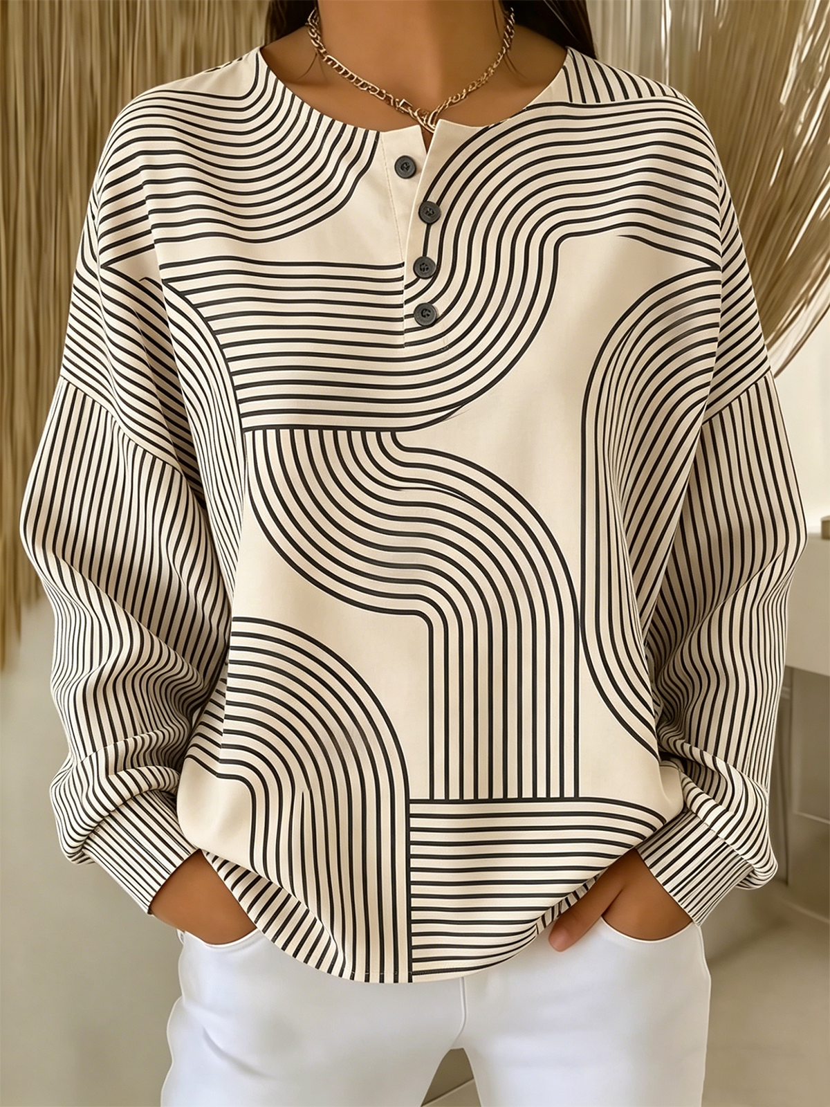 Abstract Geometric Stripe Print Henley Neck Long Sleeve Casual Sweatshirt
