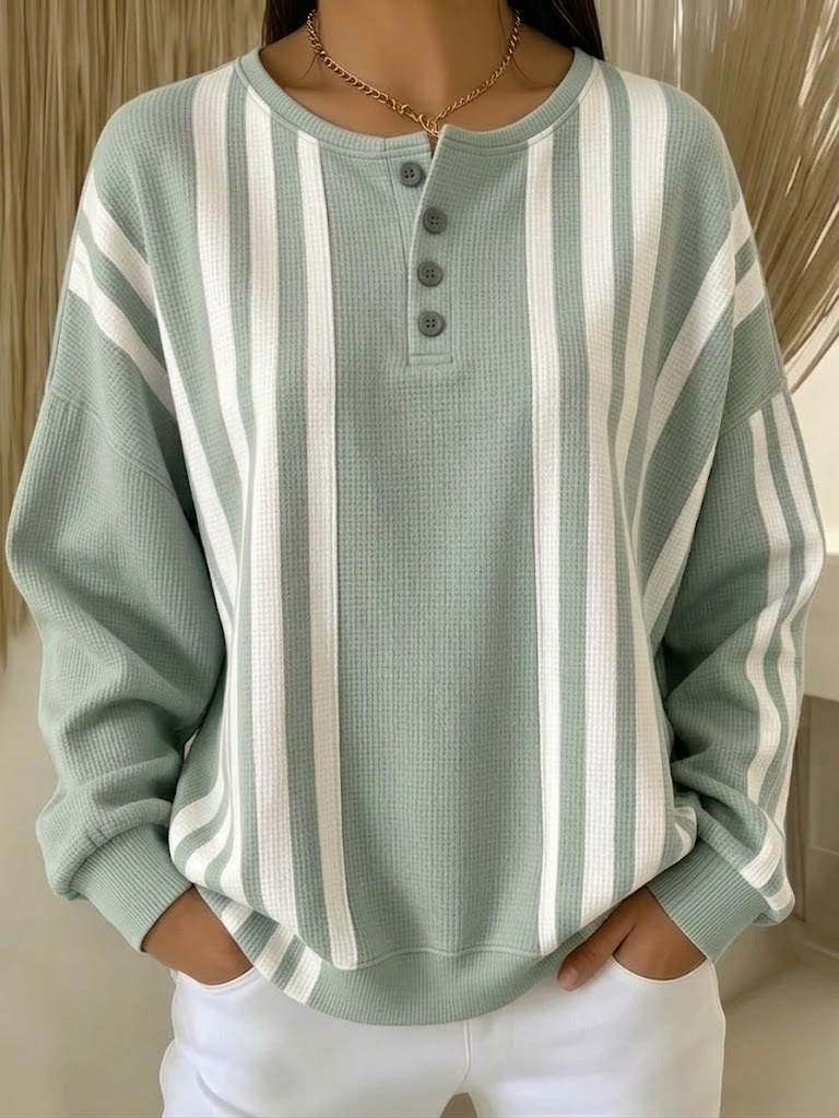 Stripe Waffle Knit Henley Neck Casual Sweatshirt